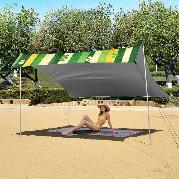 St Patrick Beach Tent Sun Shelter Set UPF50+ UV Protection 10.5 x 9.19 FT Camping Shade Canopy with Sandbags Sand Anchors Carrying Bag and Others