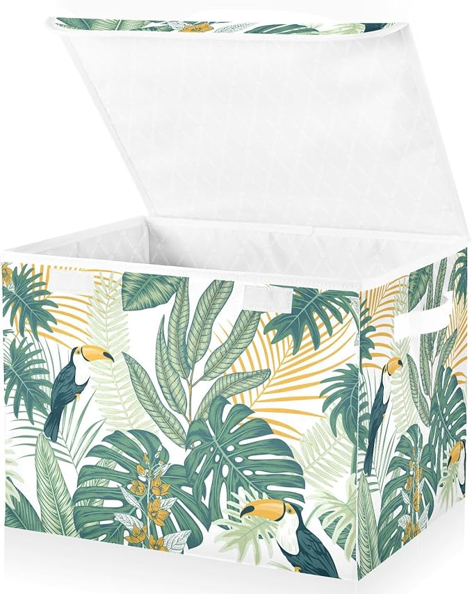susiyo Large Foldable Storage Bin with Flip-Top Lid Modern Bird Leave Storage Box Collapsible Closet Organizer Containers Boxes Decorative Baskets with Handles for Home Bedroom Living Room Office