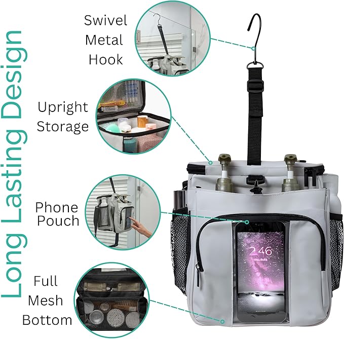 TERRA HOME Portable Shower Caddy Bag- Large Capacity Quick Dry with Metal Hook - Hanging Shower Bag - Breathable Mesh Toiletry Shower Tote for Gym and College Dorm (Grey Extra Large)