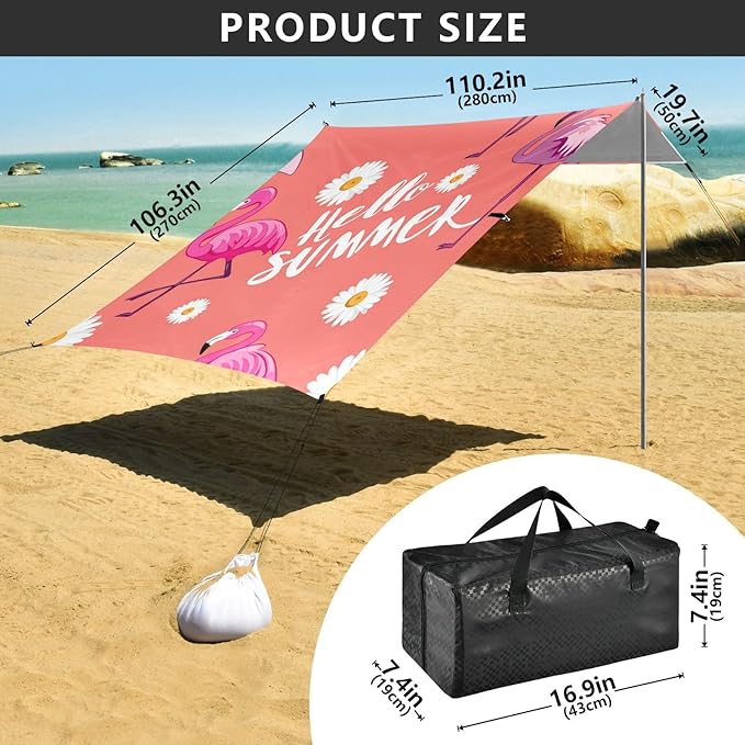 xigua Flamingos Beach Tent Sun Shelter with Carrying Bag - Silver Coated Oxford Fabric Beach Canopy for Beach Camping Fishing - Includes Windproof Ropes Sandbags &amp Stakes