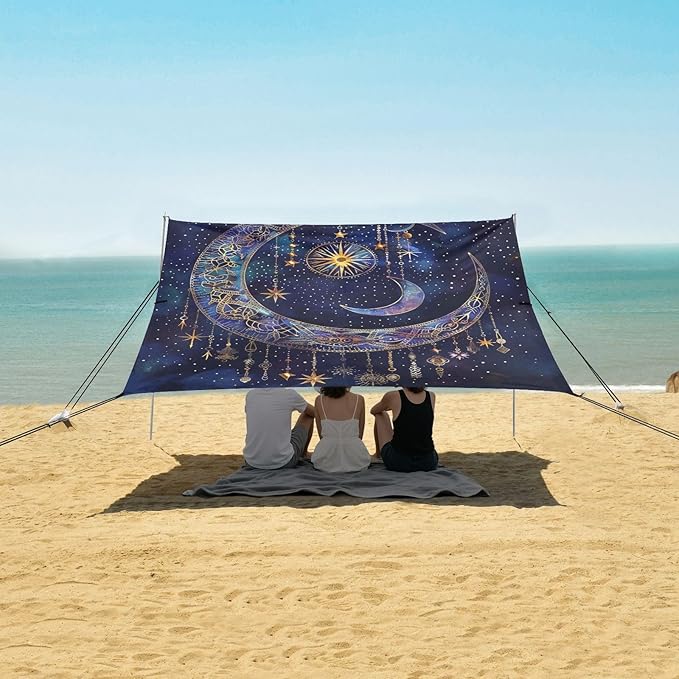 ALAZA Astrology Mystical Bohemian Moon Stars Boho Beach Tent Sun Shelter Portable Canopy Sunshade for Outdoor Camping Picnics Backyard Fun 10x9 ft