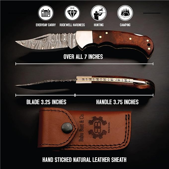 Babu Butt &amp CO Damascus Steel Folding Hunting Knife Set (2-Piece) Rosewood Handle Pocket Knife Handmade EDC Knife for Camping Survival &amp Outdoor Use Gift for Dad Groomsmen Father's Day