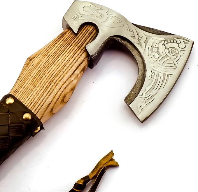 Custom Forged Carbon Steel Viking Style Bearded Axe - Real Hatchet Throwing &amp Camping Axe with Leather Wrap Best Gift for Anniversary Valentine's Day Birthday with Premium Leather Sheath