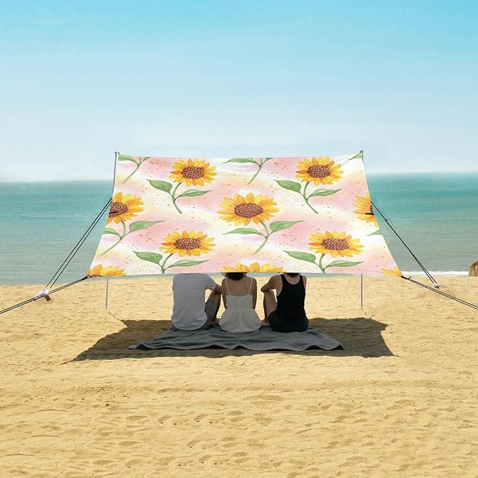 xigua Sunflowers Beach Tent Sun Shelter with Carrying Bag - Silver Coated Oxford Fabric Beach Canopy for Beach Camping Fishing - Includes Windproof Ropes Sandbags &amp Stakes