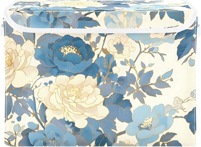 Blue White Peony Lidded Storage Bins with Handles - 16.5x12.6x11.8 Foldable Organizing Box Oxford Fabric &amp Honeycomb Board Dust-Proof Flip Lid for Closet/Office