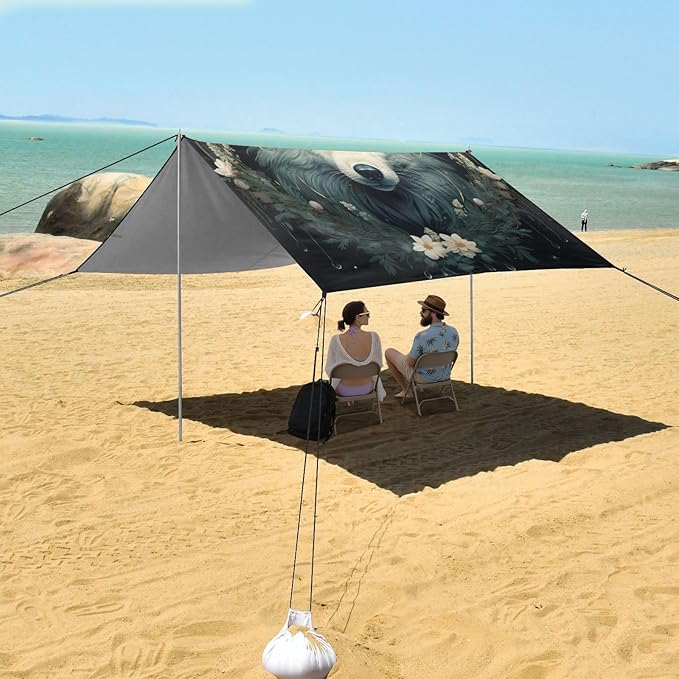 ALAZA Wolf Head Wreath of Flowers Beach Tent Sun Shelter Portable Canopy Sunshade for Outdoor Camping Picnics Backyard Fun 10x9 ft