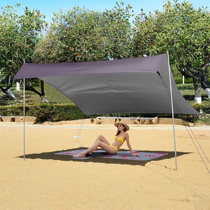 Grey Gradient Beach Tent UPF50+ Protection Lightweight Sun Shelter with Sandbags and Shovel for Camping Fishing Backyard Fun