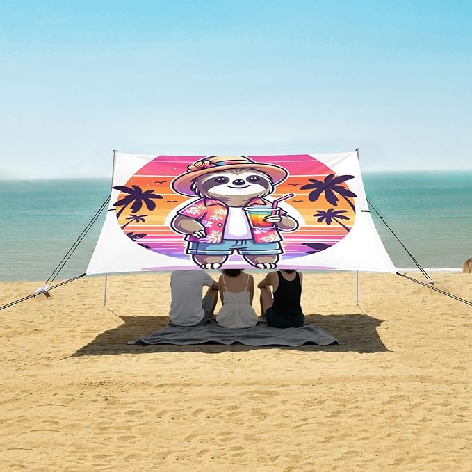 ALAZA Sloth Summer Beach Beach Tent Sun Shelter UPF50+ Protection Beach Shade Canopy w/ 4 Sandbags for Outdoor Camping Fishing Backyard Fun Picnic 10x9 ft