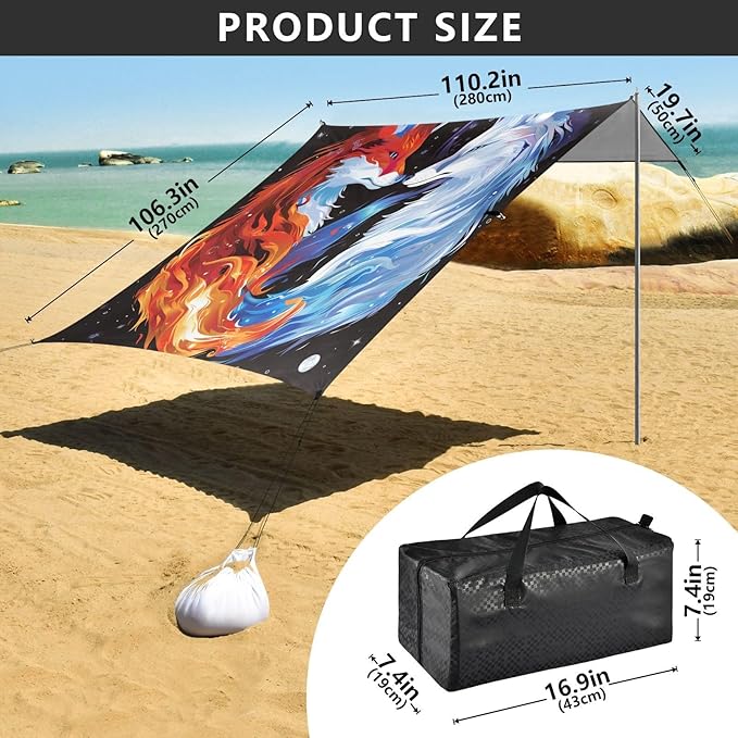 ALAZA Foxes Starry Beach Tent Sun Shelter UPF50+ Protection Beach Shade Canopy w/ 4 Sandbags for Outdoor Camping Fishing Backyard Fun Picnic 10x9 ft
