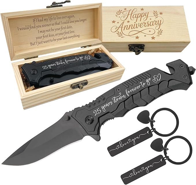 25 Years Wedding Anniversary Keepsake Him 25th Silver Anniversary Present for Husband 25 Years Marriage Men Gift Idea Engraved Pocket Knife with Wood Box Hunting Camping Fishing Folding Knives