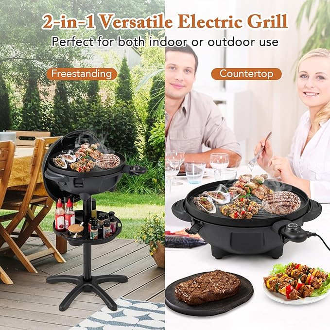 1200W Electric Grill Outdoor 2-in-1 Freestanding &amp Tabletop BBQ Grill w/Thermometer Nonstick Griddle Lid &amp Drip Tray Portable Camping Grill for Patio Backyard Party Black