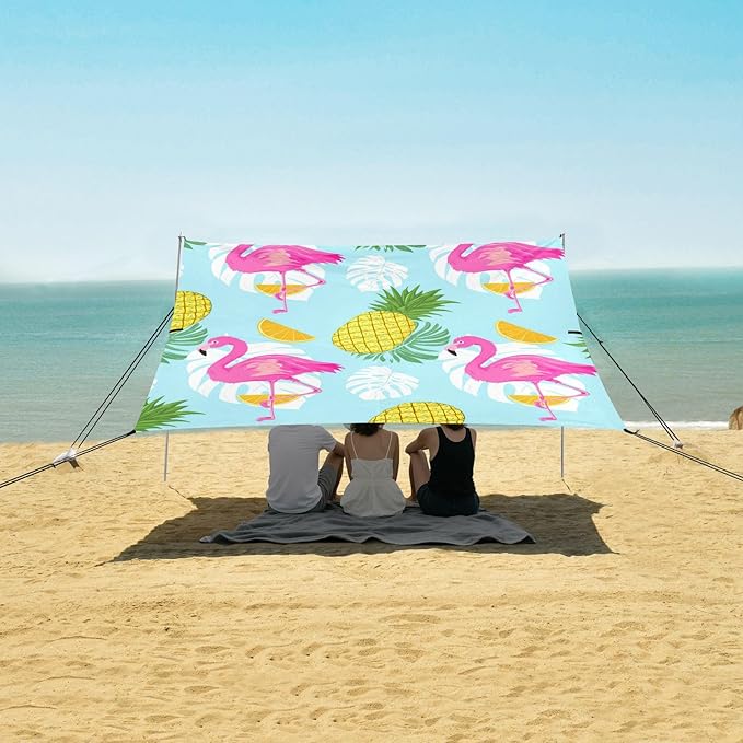 Beach Canopy with Windproof Ropes &amp Sandbags Beach Tent Sun Shade Sun Shelter for Camping Trips Fishing Backyard Fun or Picnics Flamingos