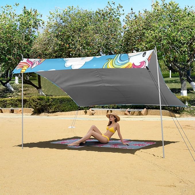 ALAZA Cute Rainbow Unicorns Cartoon Beach Tent Sun Shelter UPF50+ Protection Beach Shade Canopy w/ 4 Sandbags for Outdoor Camping Fishing Backyard Fun Picnic 10x9 ft