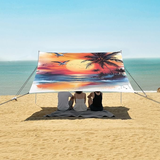 ALAZA Watercolor Beach Palm Tree Beach Tent Sun Shelter UPF50+ Protection Beach Shade Canopy w/ 4 Sandbags for Outdoor Camping Fishing Backyard Fun Picnic 10x9 ft