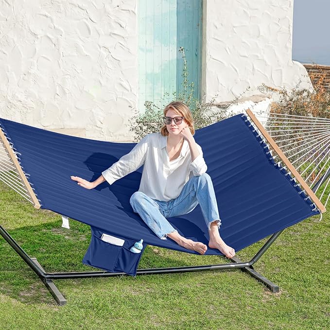 GAFETE 2 Person Hammock with Stand for Outside Heavy Duty Steel Stand Double 55inch Hammocks Large Removable Pillow Storage Bags Max 475 lbs Capacity (Blue)