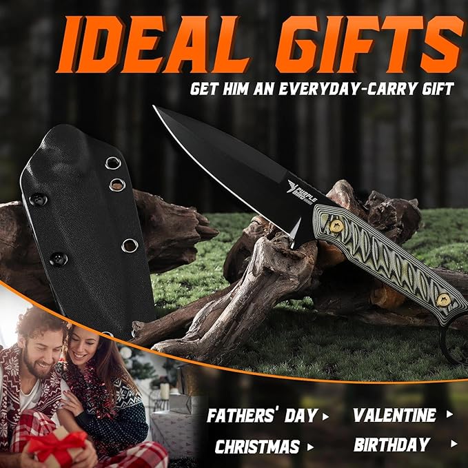 PURPLEBIRD Small Fixed Blade Knife with Kydex Sheath - 3.7 Full Tang EDC Survival Knife for Men with TiN-Coated 440C Blade &amp G10 Handle Sharp Hunting Knives for Bushcraft Gift for Men