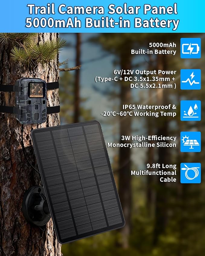 Trail Camera Solar Panel 3W Solar Panel Charger with 5000mAh Battery and 12V/1A 6V/1.5A USB-C &amp DC Port 9.8ft Cable IP65 Waterproof Solar Panel for Trail CameraGame Cameras Hunting Accessory