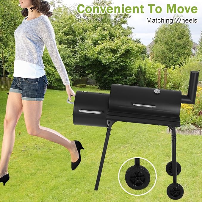 BLKMTY 43 Charcoal Grills Outdoor BBQ Grill with Offset Smoker Camping Portable Grill Camping Barbecue Grills with Side Fire Box for 6-10 People Patio Backyard Picnic BBQ Black
