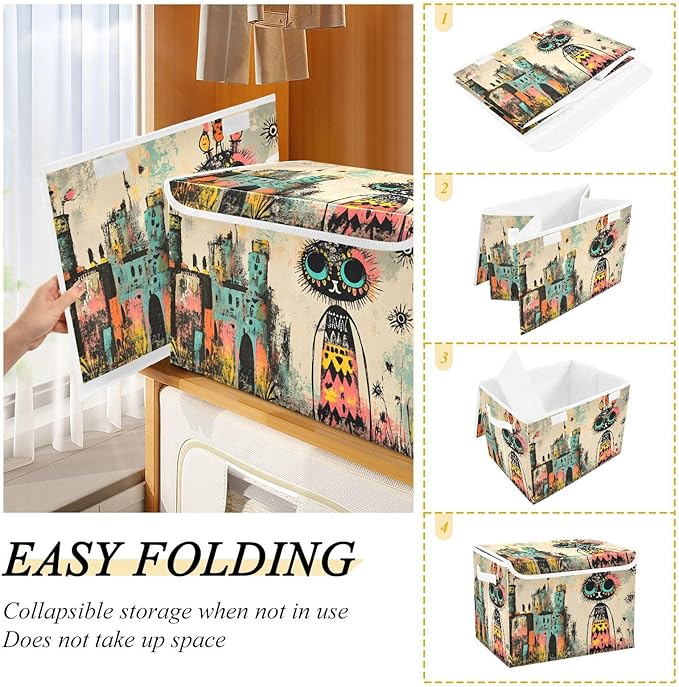 Storage Cube with Lid Abstract Cartoon Castle Print 16.5×12.6×11.8 IN Collapsible Large Capacity Foldable Storage Basket Bin Organizer