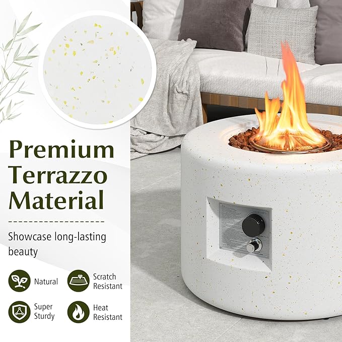 Tangkula Propane Fire Pit Table 25.5” Round Terrazzo Gas Fire Pit with Stainless Steel Burner &amp Lava Rocks Protective Cover &amp Tank Seat Included 40000 BTU Smokeless Fire Pit for Outside Pa