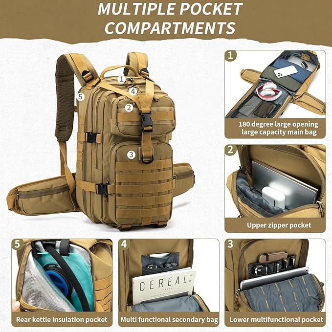 Camo hunting backpacksmall tactical backpack military backpack for men camping backpack 3-day bag(Khaki)