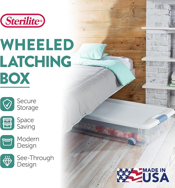 Sterilite 8-Pack Latching Box Under Bed Storage Bins with Lids Clear Plastic 56 Quart - Heavy-Duty Organizing Containers for Closet Bathroom and Office