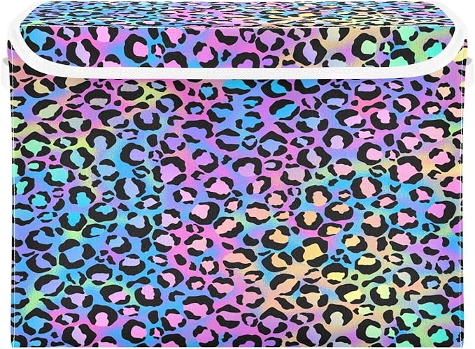 Holographic Leopard Print on Gradient Storage Boxes with Lids Stackable Closet Organizers Containers for Clothes for