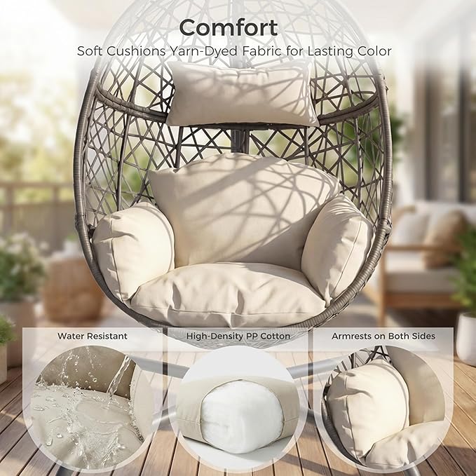 RADIATA Oversized Hanging Egg Chair with Stand Large Indoor Outdoor Swing Chair with Cushion 350lbs Wicker Bird Nest Eggshell Basket Chairs Patio Swinging Hammock Chair for Bedroom Garden Beige