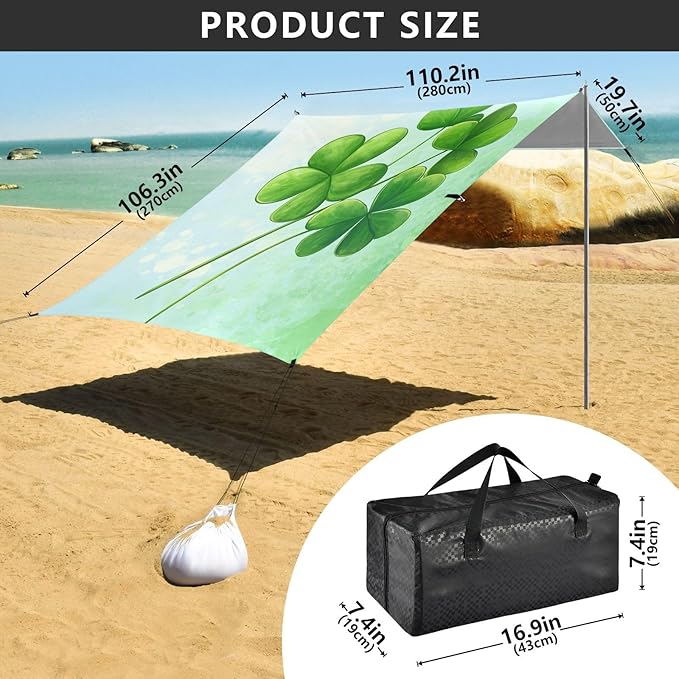 ALAZA St. Patrick's Day Green Clover Leaves Beach Tent Sun Shelter Portable Canopy Sunshade for Outdoor Camping Picnics Backyard Fun 10x9 ft