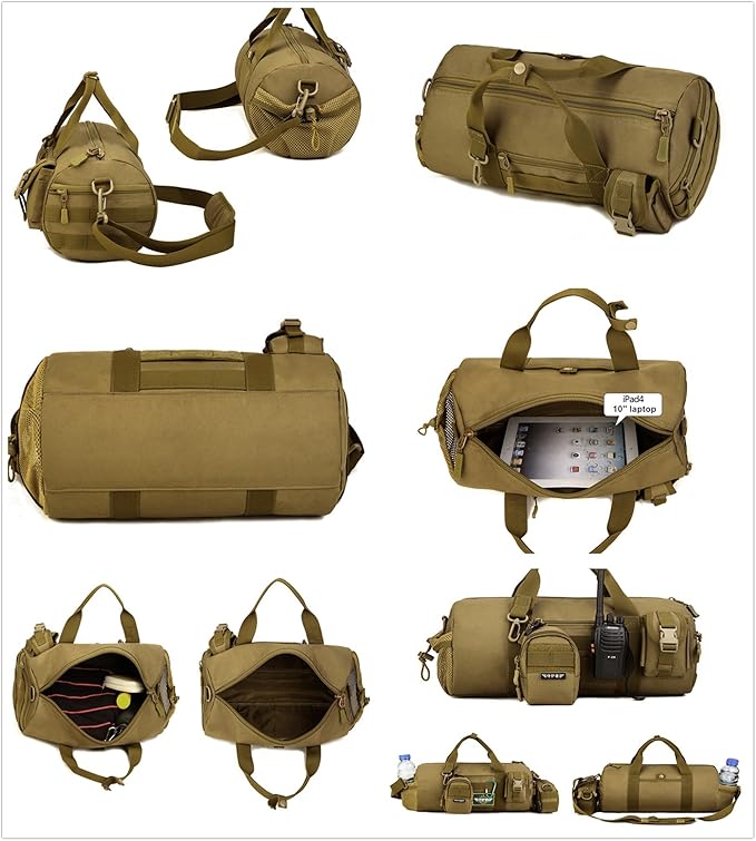 UNISTRENGH Tactical Duffle Cylinder Packs Tote MOLLE Handbag Gear Military Travel Carry On Shoulder Barrels Messenger Bags Small Valise (Black)