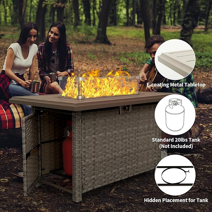 Outdoor Propane Fire Pit 43 Inch PE Wicker Patio Firepit Table with Fire Glass and Wind Guard for Outside Parties and Gatherings on Garden Backyard Porch