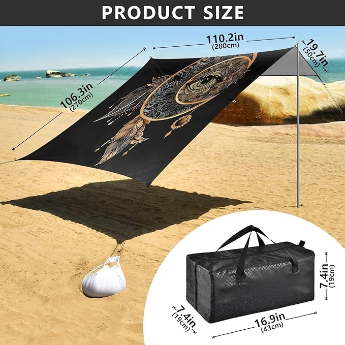 ALAZA Crescent Moon Dreamcatcher Witchy Beach Tent Sun Shelter UPF50+ Protection Beach Shade Canopy w/ 4 Sandbags for Outdoor Camping Fishing Backyard Fun Picnic 10x9 ft