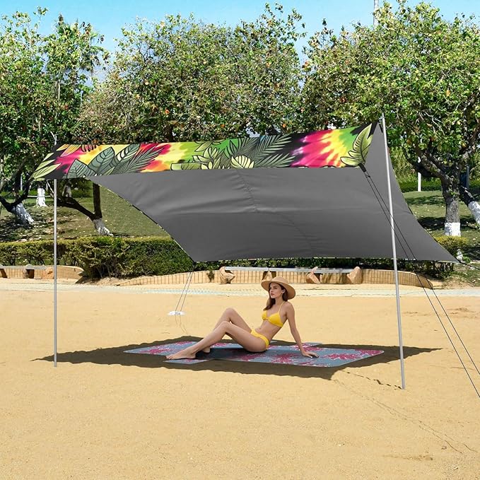 Vibrant Jungle Dinosaurs Beach Tent Sun Shelter Set UPF50+ UV Protection 10.5 x 9.19 FT Camping Shade Canopy with Sandbags Sand Anchors Carrying Bag and Others