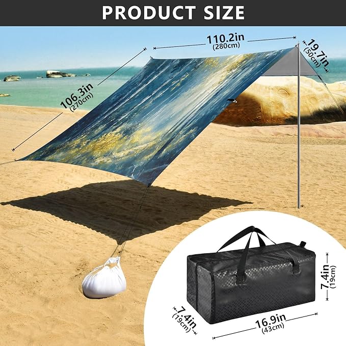 Sunlight Forest Pattern Beach Tent Sun Shelter Set UPF50+ UV Protection 10.5 x 9.19 FT Camping Shade Canopy with Sandbags Sand Anchors Carrying Bag and Others
