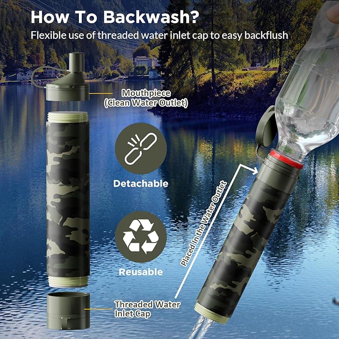 Membrane Solutions Squeezable Water Filtration System Survival Water Purifier Kit Portable Backpacking Gear Including Water Filter Straw and 23oz Collapsible Bottle for Hiking Camping Travel(7+6)
