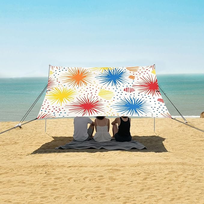 Fireworks Beach Canopy Sun Shelter with Sandbags &amp Sand Shovel &amp Windproof Ropes - Portable 110x126 Beach Shade Beach Tent for Camping Picnics