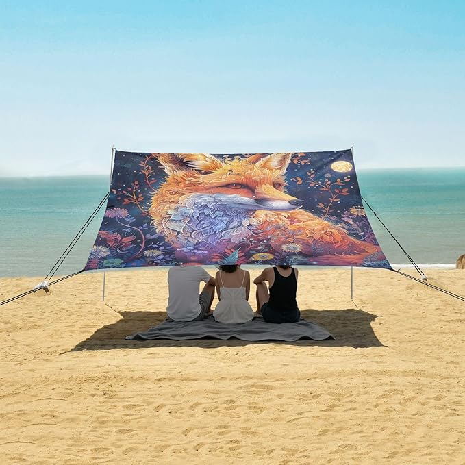 ALAZA Fox Flower Moon Beach Tent Sun Shelter Portable Canopy Sunshade for Outdoor Camping Picnics Backyard Fun 10x9 ft