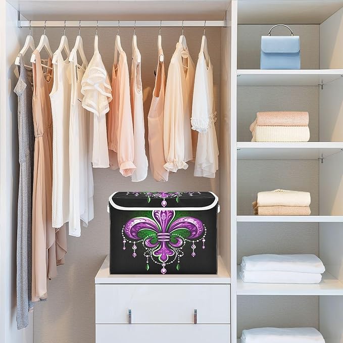 Storage Baskets with Lids Collapsible Bins Stackable Mardi Gras Fabric Linen Baskets Closet Organizer Container 16.5x12.6x11.8