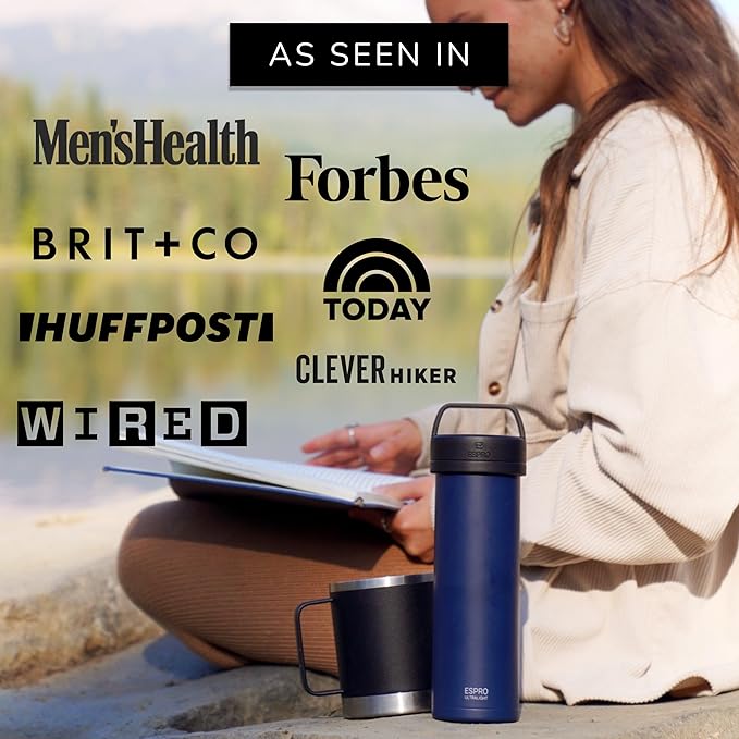 ESPRO Go P0 Ultralight French Press Coffee Maker for Travel Vacuum Insulated Stainless Steel 16 Ounces Aegean Blue