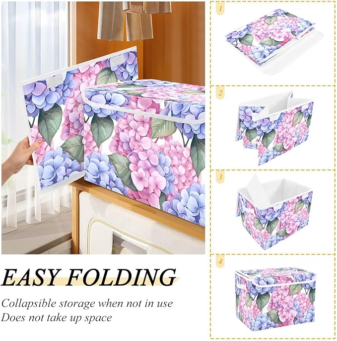 ALAZA Hydrangea Flowers Storage Bins Organizer Box Baskets Lidded Clothes for Shelves Closet Collapsible Stackable Storage Cubes Handles