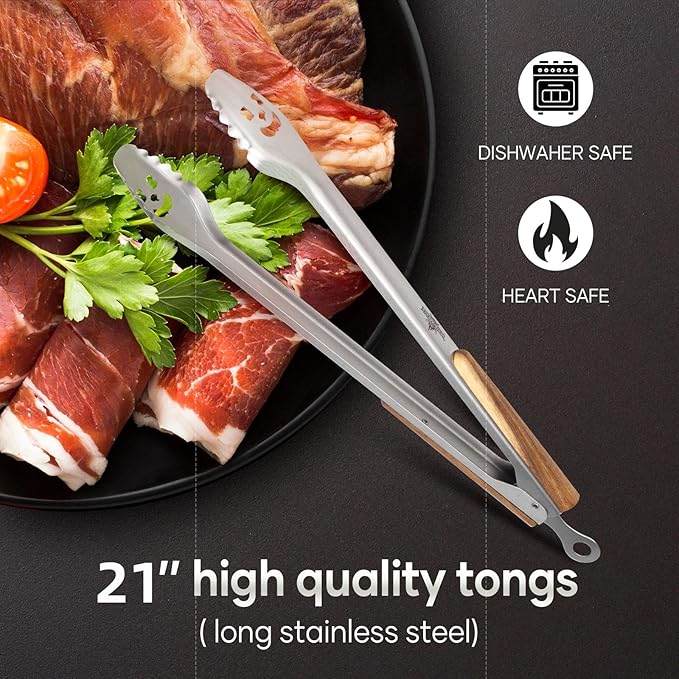 XUDAKAIXIN 21-Inch Extra Long Stainless Steel BBQ Tongs with Extended Luxurious Acacia Handle – Durable and Easy-to-Clean Grilling Tool for Cooking Kitchen Use and Outdoor Barbecues