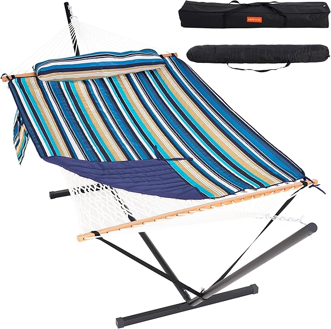 Lazy Daze Hammocks 2 Person Portable Hammock with 12FT Stand Double Hand Woven Cotton Rope Hammock with Detachable Quilted Pad &amp Pillow for Outside 450lb Capacity Beach Stripes