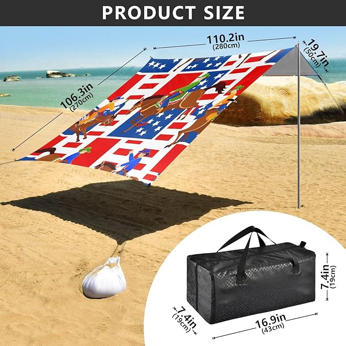 Cartoon American Cowboys Beach Tent Sun Shelter Set UPF50+ UV Protection 10.5 x 9.19 FT Camping Shade Canopy with Sandbags Sand Anchors Carrying Bag and Others