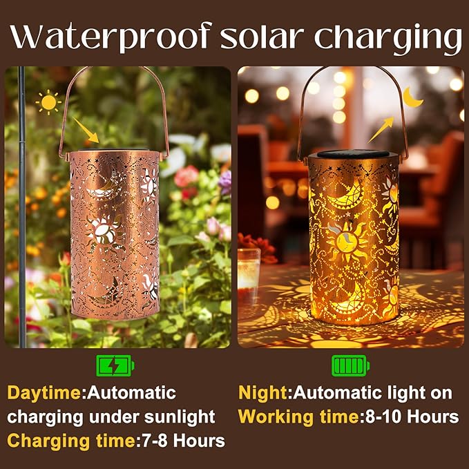DIBIEECN Mothers Day Gifts for Mom Birthday Gifts Grandma Ladies Solar Lanterns Outdoor Hanging Hollowed-Out Metal Waterproof LED Garden Decor Outside for Patio Yard Porch Sun and Moon 1 Pack