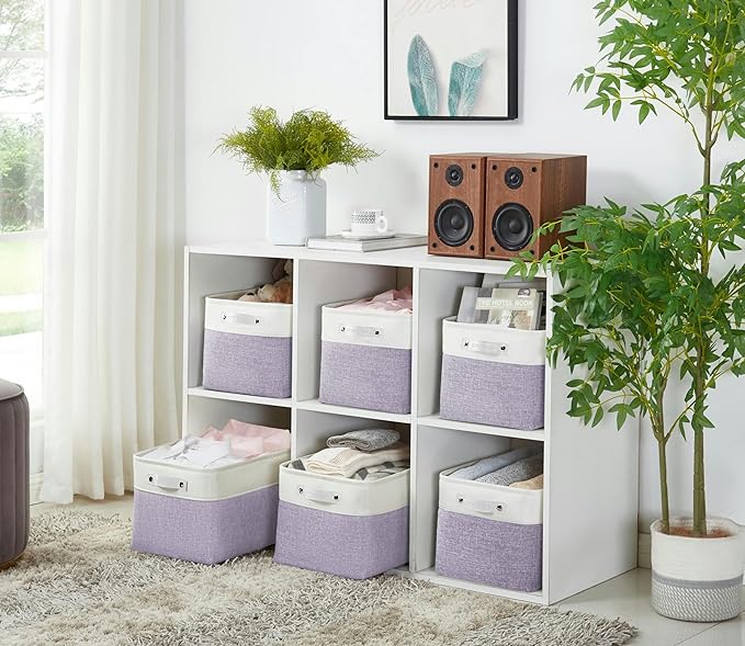 DECOMOMO Storage Baskets for Shelves - Fabric Storage Bins Linen Closet Organizers and Storage (Purple &amp White Large - 3 Pack)