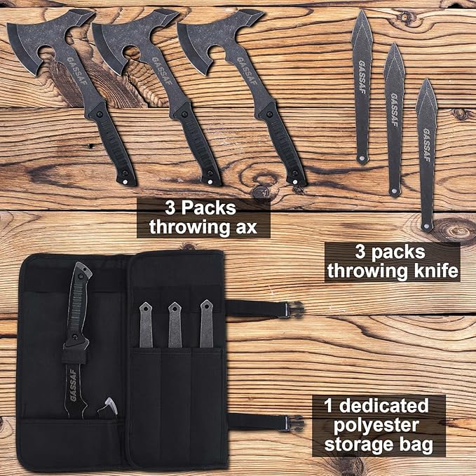GasSaf Throwing Axe Knife Set Stainless Steel Throwing Tomahawk Axe and Stainless Steel Well-Balanced Throwing Knife Protective Nylon Sheath for Recreation and Competition（3 Packs）