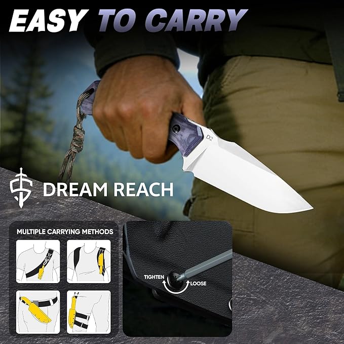 Dream Reach Fixed Blade Knife - D2 Steel Tactical Knife with Ergonomic Full Tang Handle and Kydex Sheath for Outdoor Camping Survival Gift for Men Women Purple