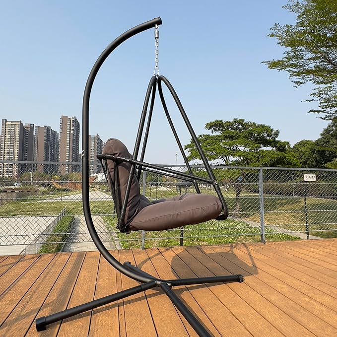 Rattan Egg Hanging Chair with Stand for Indoor and Outdoor Relaxation Featuring Removable Safety Rail Convenient Cup Holder and Comfortable Cushion Set for Lounging in Garden Patio Living Space