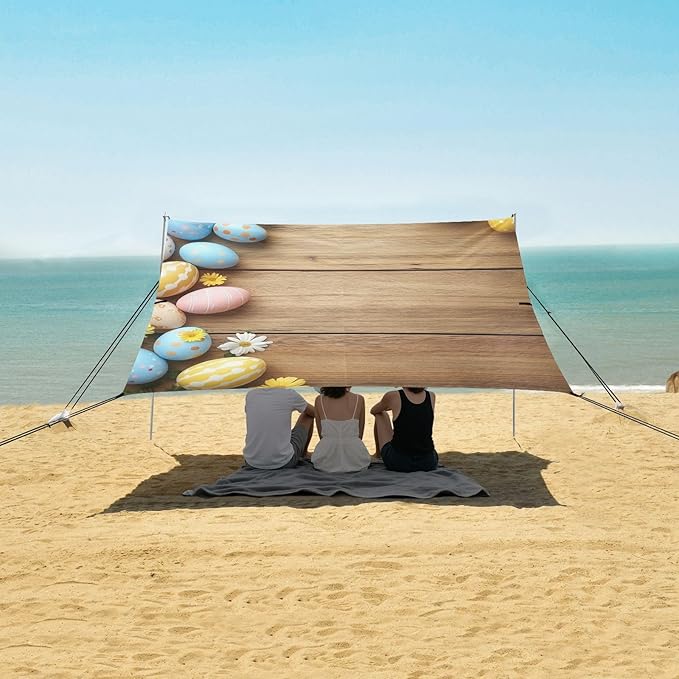ALAZA Happy Easter Banner Colored Easter Eggs Beach Tent Sun Shelter Portable Canopy Sunshade for Outdoor Camping Picnics Backyard Fun 10x9 ft