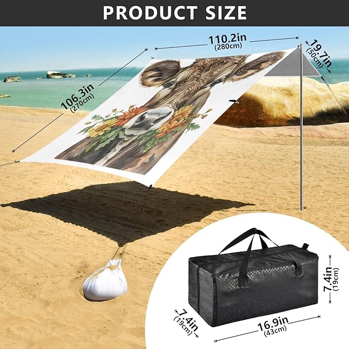 ALAZA Watercolor Cows Beach Tent Sun Shelter UPF50+ Protection Beach Shade Canopy w/ 4 Sandbags for Outdoor Camping Fishing Backyard Fun Picnic 10x9 ft